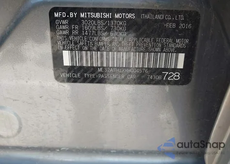 2017 Mitsubishi Mirage Es from USA, damaged, VIN ML32A3HJXHH004576